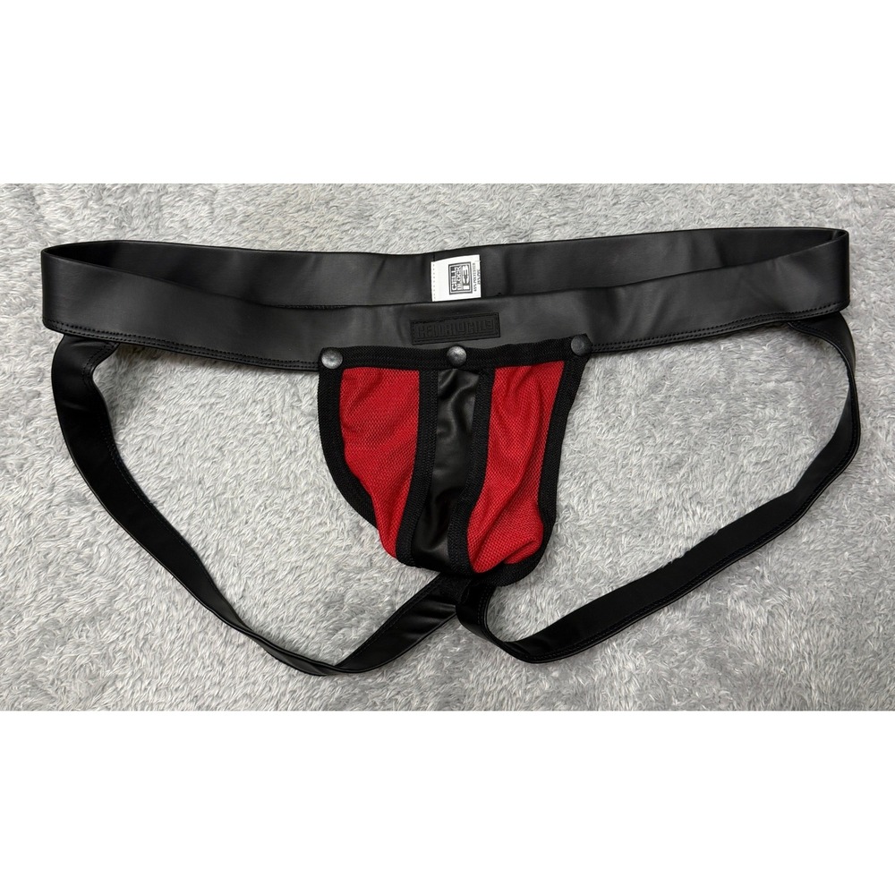 CellBlock 13 Jockstrap Mens XXL Red Black Detachable Pouch Faux Leather Mesh PVC